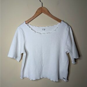 ROXY Women’s XL White Cotton Baby Tee Lettuce Trim Short Sleeve Coquette Cottage